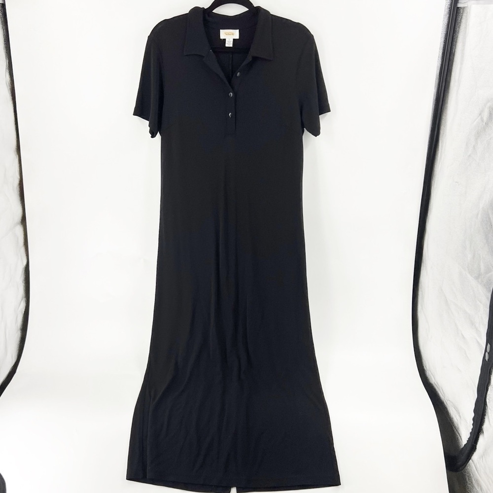 ✅ VINTAGE TALBOTS BLACK MAXI STRETCH KNIT SHIRT DRESS‎ SIZE LARGE